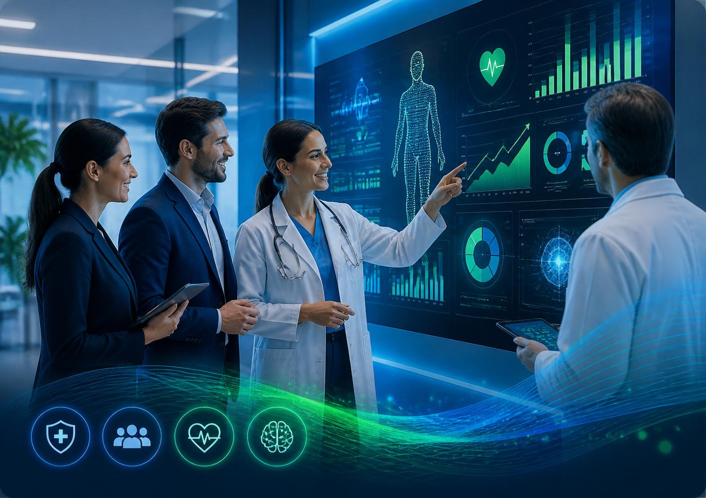 Profissionais acompanhando indicadores e benefícios da saúde corporativa com inteligência artificial