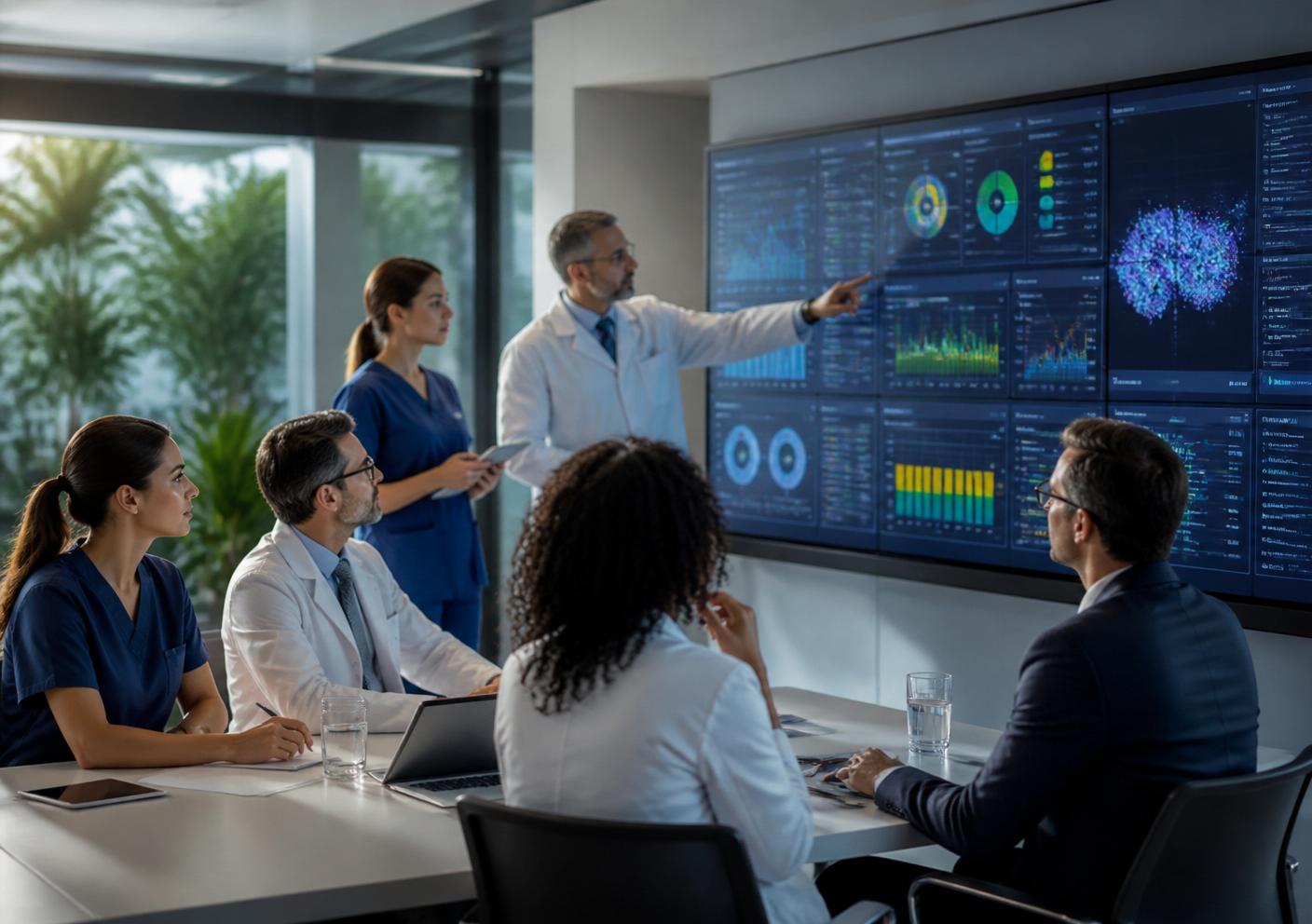 Equipe de saúde corporativa analisando dados de inteligência artificial